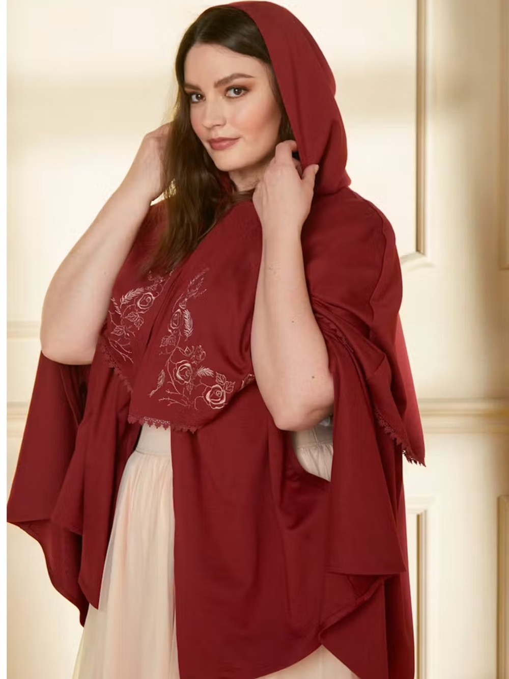 Torrid Disney Beauty and the Beast Rose Embroidered Red Hooded Cape Jacket L-1X